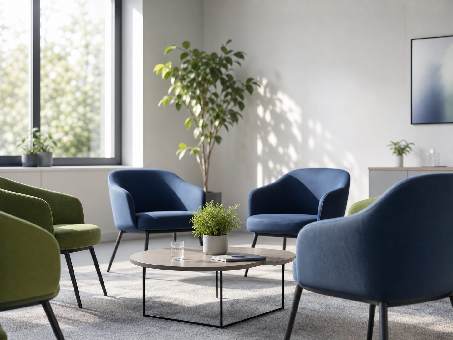 Salle d’accueil lumineuse avec des fauteuils disposés en cercle autour d’une table basse