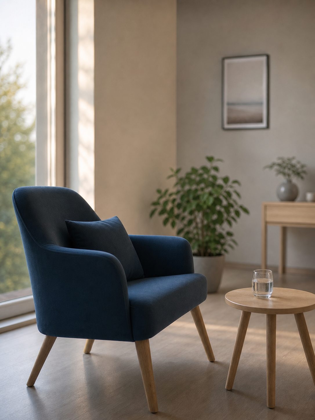 Fauteuil et table basse près d’une fenêtre dans un cabinet d’entretien individuel