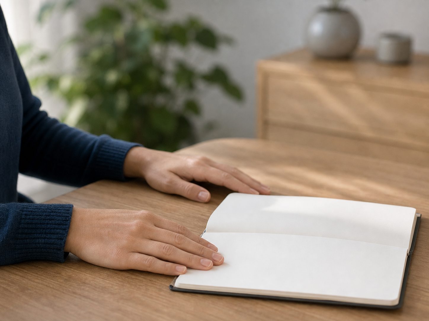 Mains posées sur une table de bois clair à côté d’un carnet ouvert