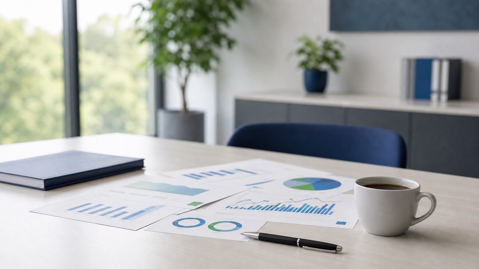 Tableau de bord et graphiques imprimés posés sur une table de réunion