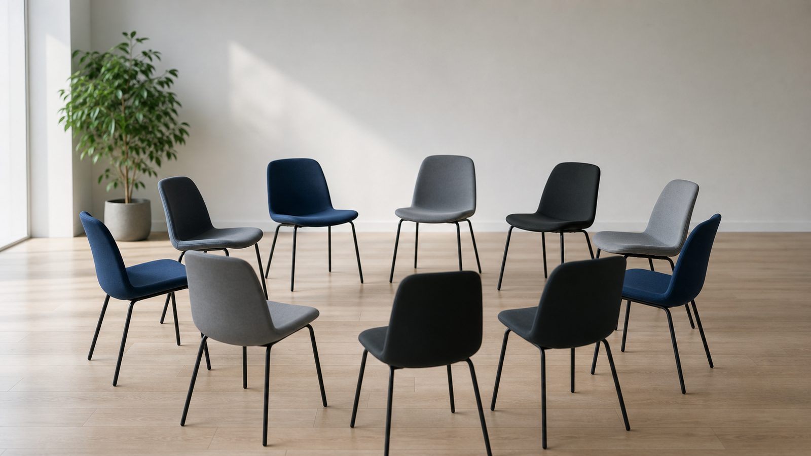 Cercle de chaises vides dans une salle claire, espace de parole prêt à accueillir