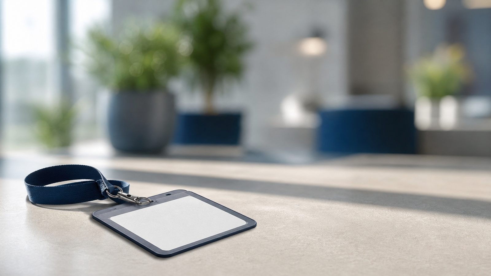 Badge professionnel posé sur un comptoir d’accueil
